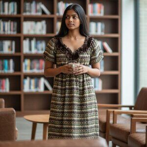 Milly Of New York 100% Silk Short-Sleeve Tribal-Print Dress Sz 4 Lined